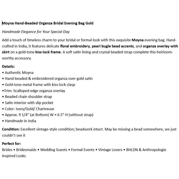 Moyna Hand-Beaded Organza Bridal Evening Bag Gold EUC - Picture 2 of 8